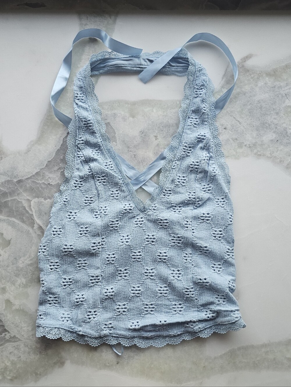Urban Outfitters Kimchi Blue Farrah Light Blue Lace Knit Halter Crop Top - Picture 3 of 9